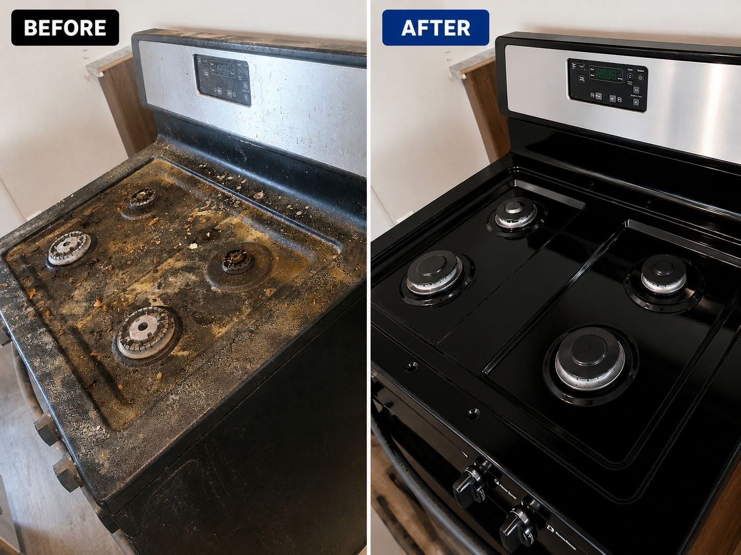 Stovetop before and after cleaning by Detailed House Cleaning