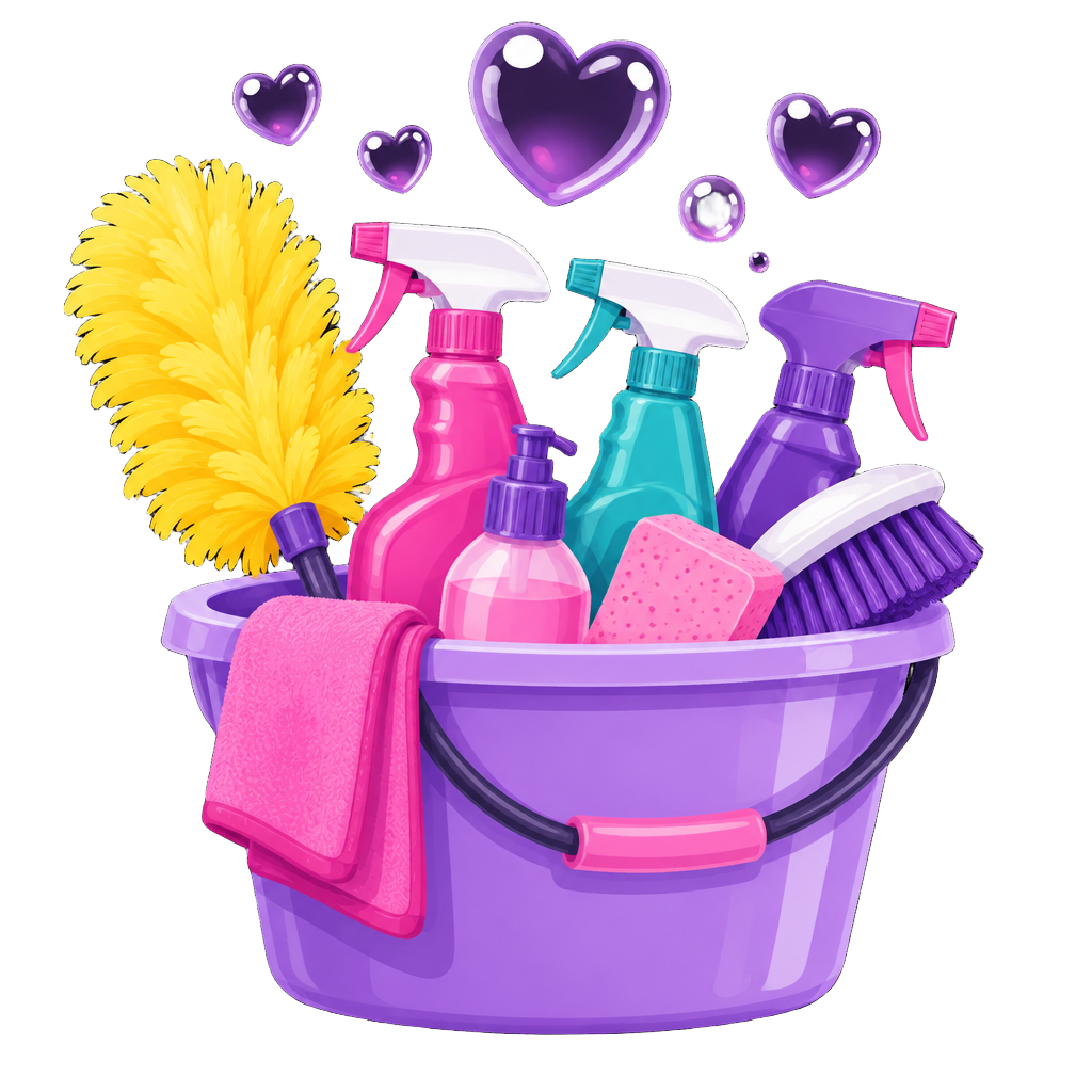 Purple cleaning caddy filled with cleaning supplies